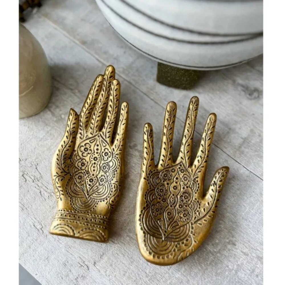 Abbott Collection Gold Engraved Hand Dish Set of 2 Jewelry Tray Decor